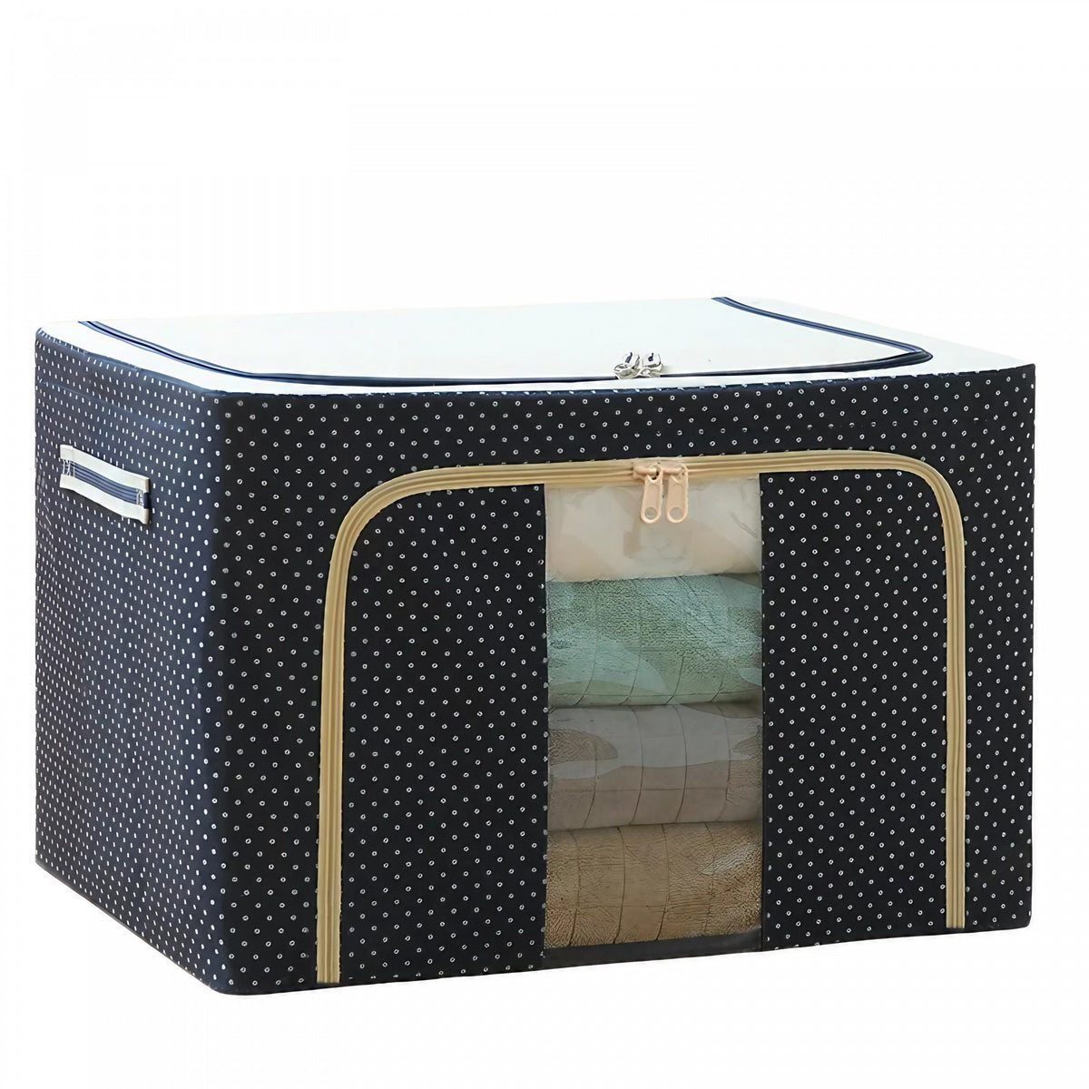 Cutie Depozitare Pliabila 100 L, Organizator Haine si Lenjerie cu Cadru Metalic Stivuibil, Material Oxford Impermeabil, Fereastra Transparenta si Fermoar Dublu, 60x42x40 cm, Albastru Marin cu Buline