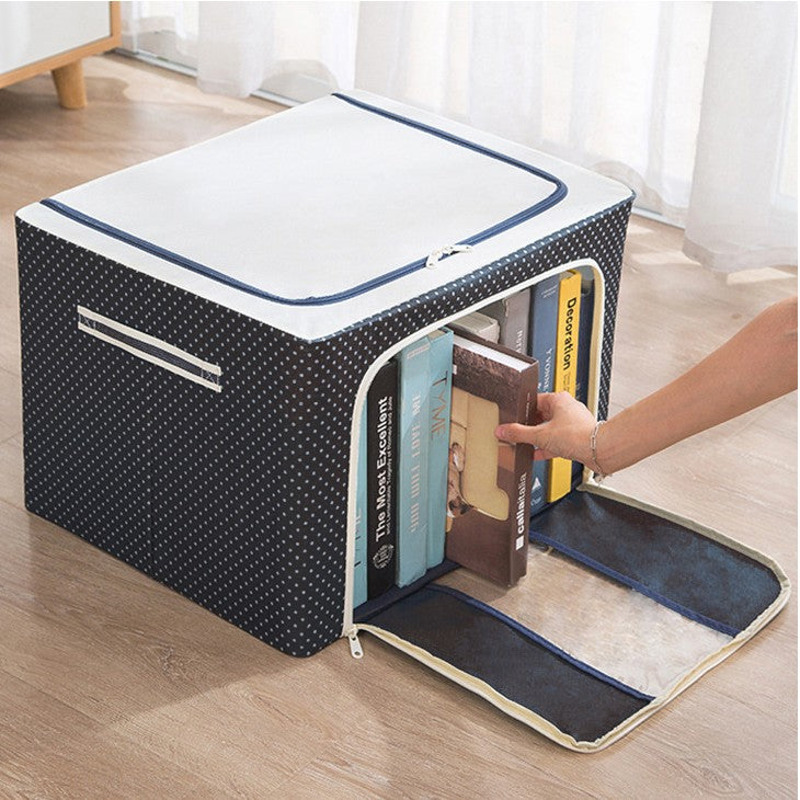 Cutie Depozitare Pliabila 100 L, Organizator Haine si Lenjerie cu Cadru Metalic Stivuibil, Material Oxford Impermeabil, Fereastra Transparenta si Fermoar Dublu, 60x42x40 cm, Albastru Marin cu Buline