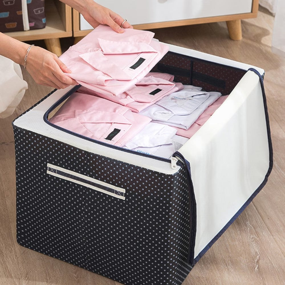 Cutie Depozitare Pliabila 100 L, Organizator Haine si Lenjerie cu Cadru Metalic Stivuibil, Material Oxford Impermeabil, Fereastra Transparenta si Fermoar Dublu, 60x42x40 cm, Albastru Marin cu Buline