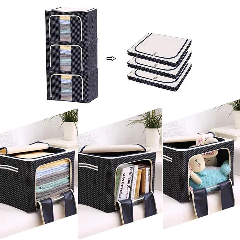 Cutie Depozitare Pliabila 100 L, Organizator Haine si Lenjerie cu Cadru Metalic Stivuibil, Material Oxford Impermeabil, Fereastra Transparenta si Fermoar Dublu, 60x42x40 cm, Albastru Marin cu Buline