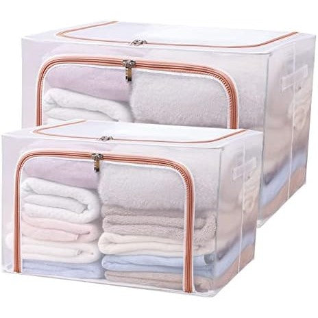 Cutie de Depozitare Pliabila pentru Haine, Cadru Metalic si Material Impermeabil, Organizator cu Fereastra Transparenta si Fermoar Dublu, Textil, 66 L, 50x40x33 cm, Rosu