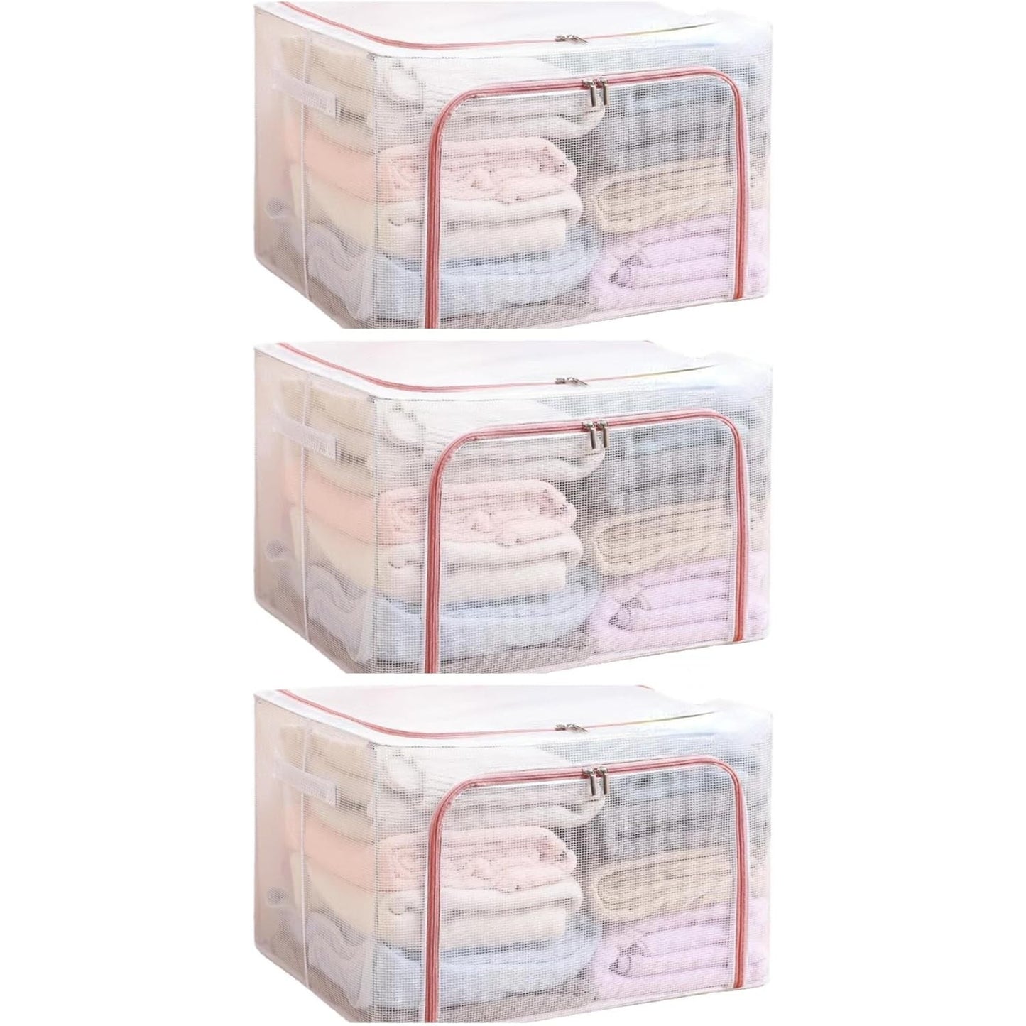 Cutie de Depozitare Pliabila pentru Haine, Cadru Metalic si Material Impermeabil, Organizator cu Fereastra Transparenta si Fermoar Dublu, Textil, 66 L, 50x40x33 cm, Rosu