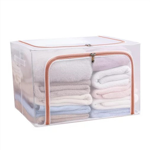 Cutie de Depozitare Pliabila pentru Haine, Cadru Metalic si Material Impermeabil, Organizator cu Fereastra Transparenta si Fermoar Dublu, Textil, 66 L, 50x40x33 cm, Rosu