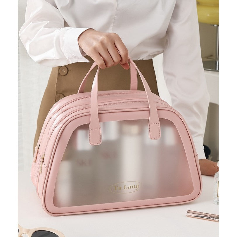 Geanta Cosmetice de Voiaj, Organizator Toaleta cu Dubla Compartimentare, Impermeabila si Translucida, Material PVC, 35 x 22 x 15 cm, Roz