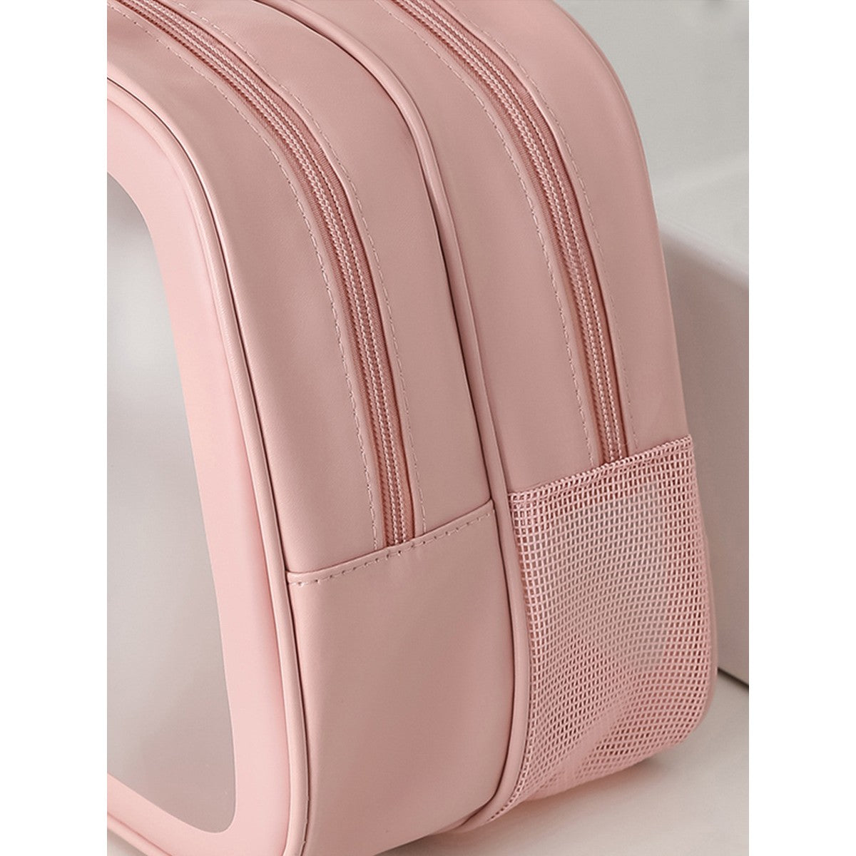 Geanta Cosmetice de Voiaj, Organizator Toaleta cu Dubla Compartimentare, Impermeabila si Translucida, Material PVC, 35 x 22 x 15 cm, Roz