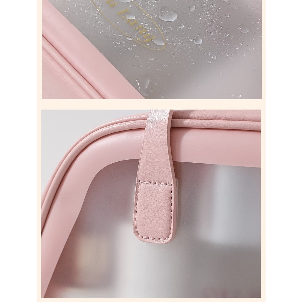 Geanta Cosmetice de Voiaj, Organizator Toaleta cu Dubla Compartimentare, Impermeabila si Translucida, Material PVC, 35 x 22 x 15 cm, Roz