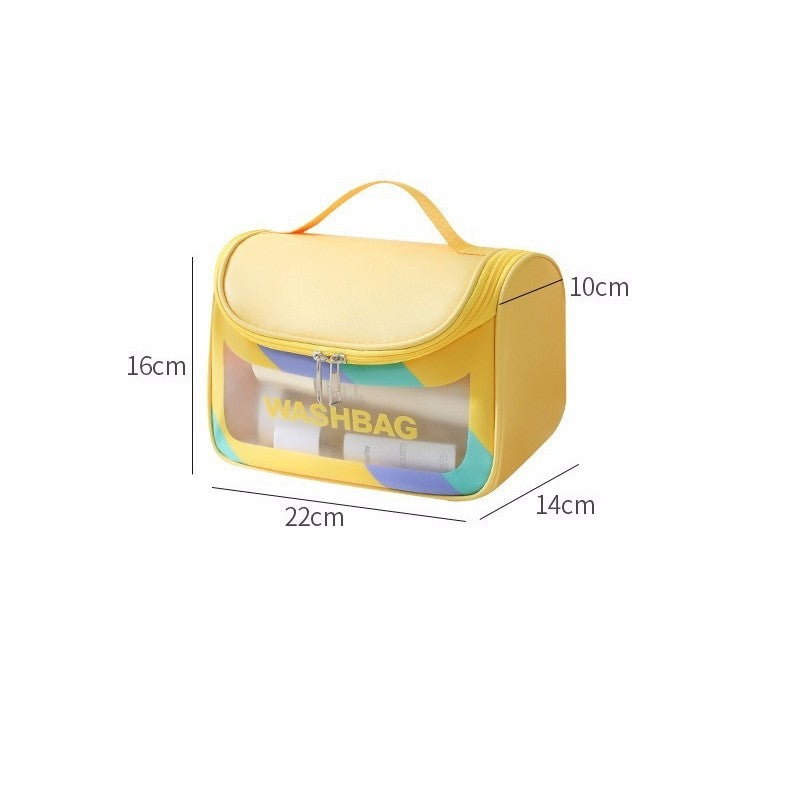 Geanta Cosmetice de Voiaj, Organizator Produse Toaleta Impermeabil, Design Translucid Mat cu Fermoar, Material PVC, 22 x 16 x 14 cm, Galben