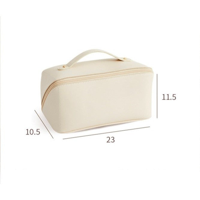 Geanta de Calatorie pentru Cosmetice, Portfard cu Compartimente Multiple, Impermeabila, Piele Ecologica, Fermoar Rezistent, 23 x 11.5 x 10.5 cm, Crem