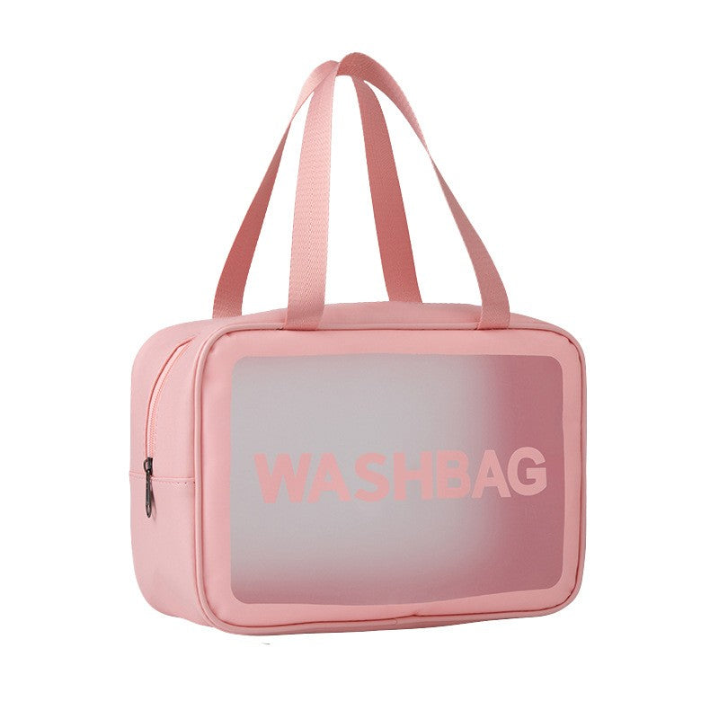 Geanta Cosmetice de Voiaj, Organizator Produse Toaleta Impermeabil, Design Translucid Mat cu Fermoar si Maner, Material PVC, 26 x 15 x 10 cm, Roz