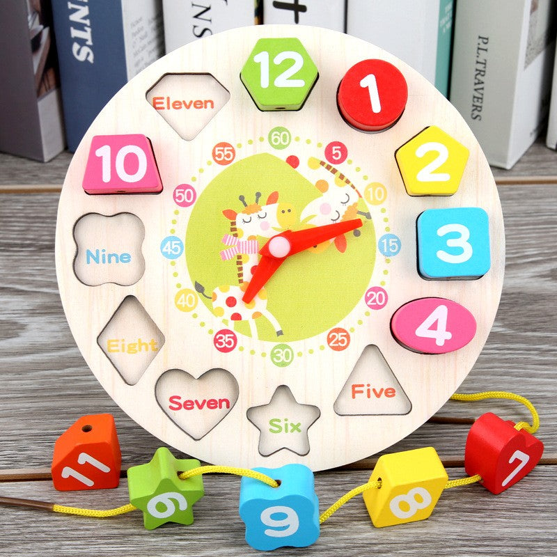 Jucarie Educativa Montessori, Ceas Girafa pentru Invatare Timp si Forme Geometrice, Lemn Masiv, 12 Piese, 17 cm, Multicolor, +36 Luni