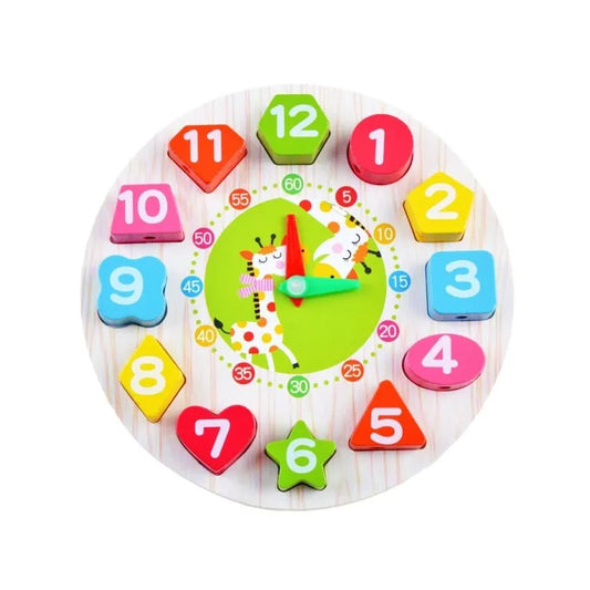 Jucarie Educativa Montessori, Ceas Girafa pentru Invatare Timp si Forme Geometrice, Lemn Masiv, 12 Piese, 17 cm, Multicolor, +36 Luni