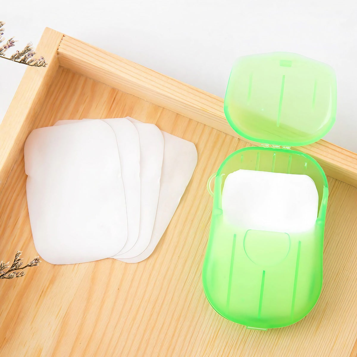 Sapun de Unica Folosinta sub Forma de Foite, Portabil pentru Calatorii si Camping, Biodegradabil, Carcasa PP, 20 Bucati, Verde