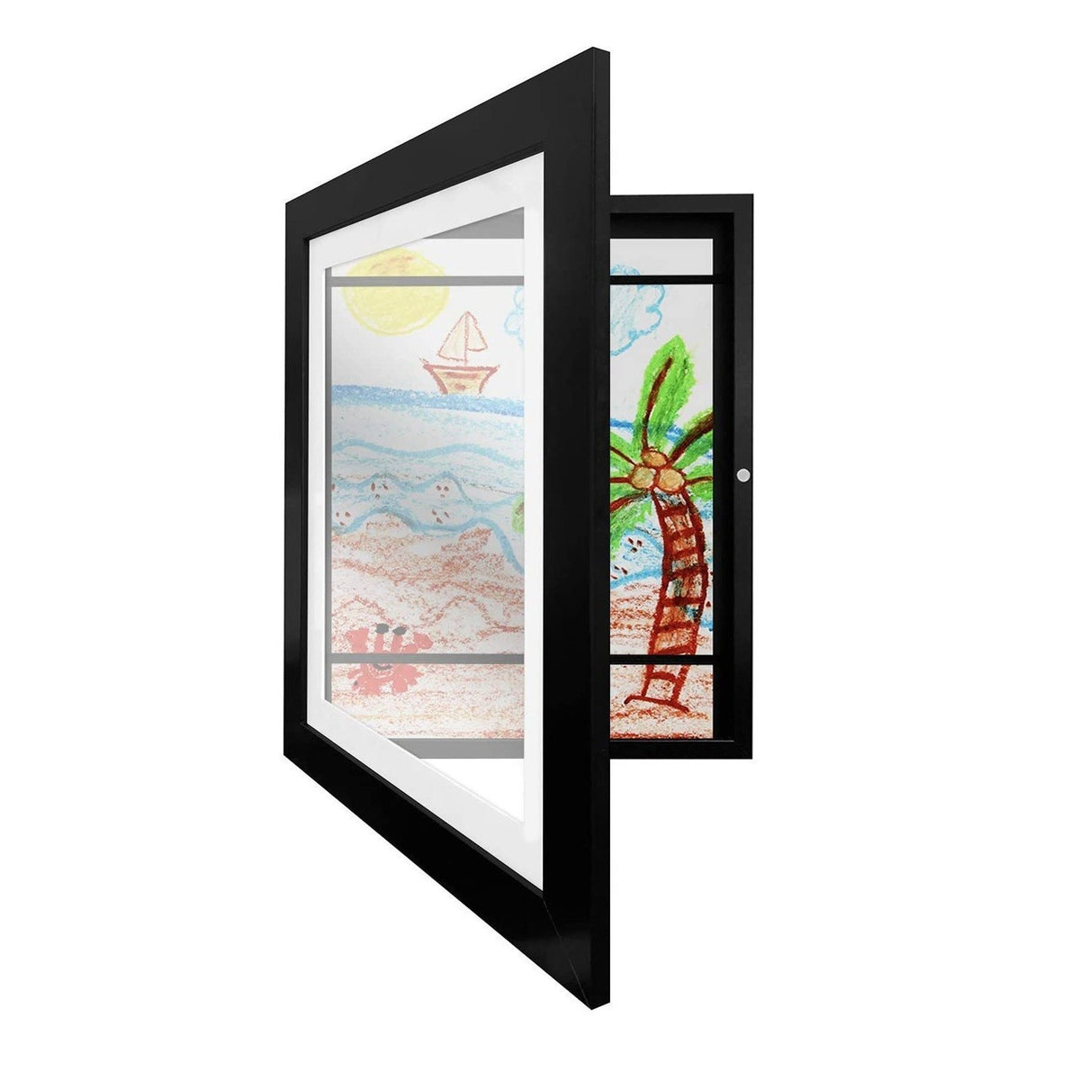 Rama Foto pentru Desene si Picturi, Spatiu Depozitare cu Curele Elastice, Deschidere 180 Grade, Inchidere Magnetica, Lemn MDF si Sticla Securizata, Format A4, Negru