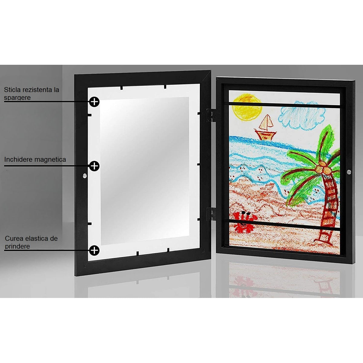 Rama Foto pentru Desene si Picturi, Spatiu Depozitare cu Curele Elastice, Deschidere 180 Grade, Inchidere Magnetica, Lemn MDF si Sticla Securizata, Format A4, Negru