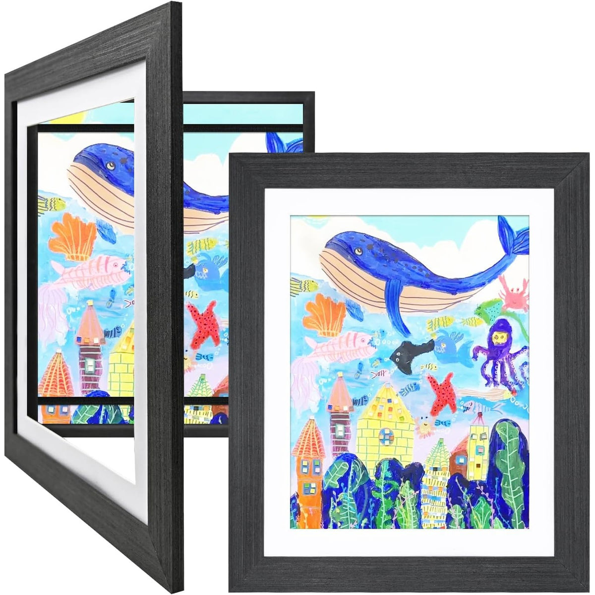 Rama Foto pentru Desene si Picturi, Spatiu Depozitare cu Curele Elastice, Deschidere 180 Grade, Inchidere Magnetica, Lemn MDF si Sticla Securizata, Format A4, Negru