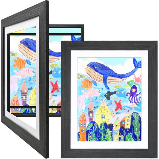 Rama Foto pentru Desene si Picturi, Spatiu Depozitare cu Curele Elastice, Deschidere 180 Grade, Inchidere Magnetica, Lemn MDF si Sticla Securizata, Format A4, Negru