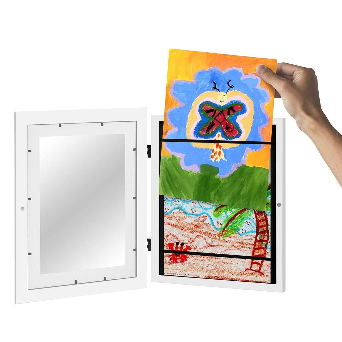 Rama Foto Pentru Desene Copii Cu Spatiu Depozitare, Tablou Cu Deschidere Tip Carte Si Inchidere Magnetica, Lemn MDF Si Sticla Securizata, Format A4, Alb