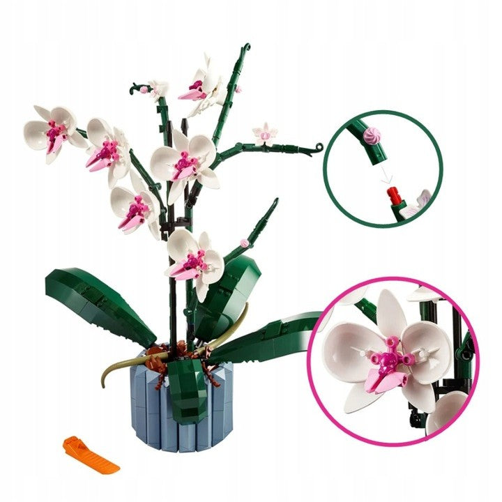 Set de Constructie Orhidee in Ghiveci, Ornament Floral Creativ cu Tulpini Mobile, Plastic ABS, 608 Piese, Multicolor, 31x21.5 cm