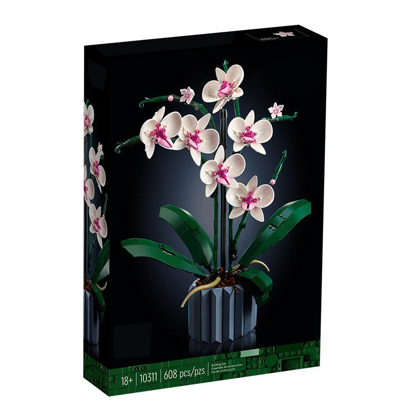 Set de Constructie Orhidee in Ghiveci, Ornament Floral Creativ cu Tulpini Mobile, Plastic ABS, 608 Piese, Multicolor, 31x21.5 cm