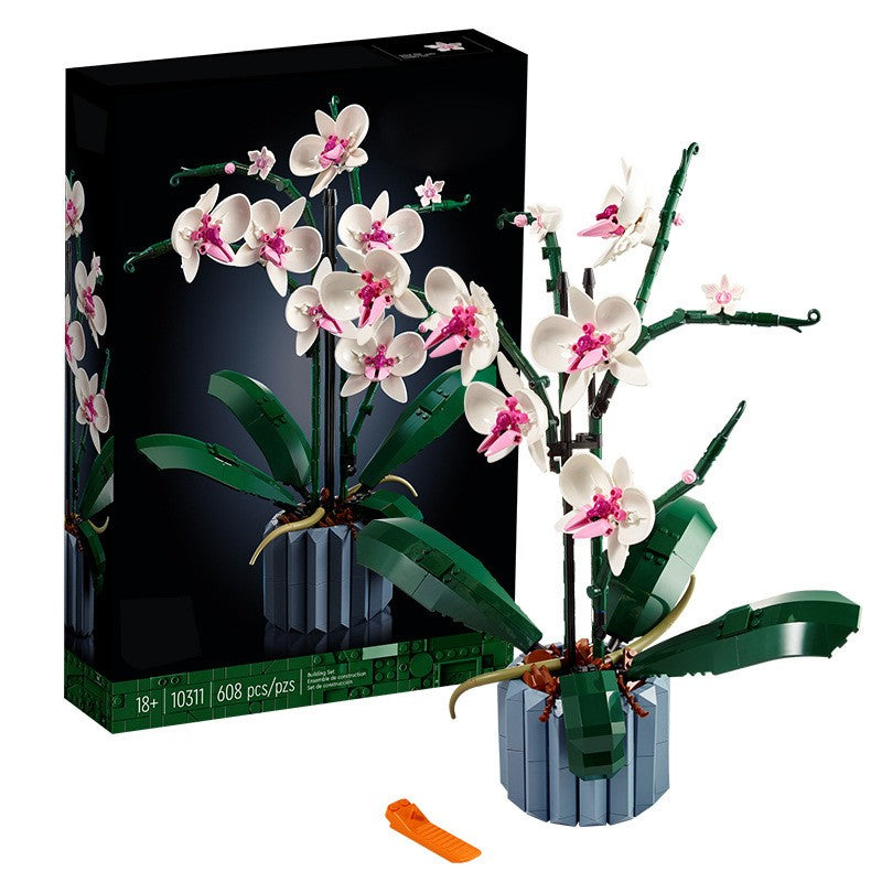 Set de Constructie Orhidee in Ghiveci, Ornament Floral Creativ cu Tulpini Mobile, Plastic ABS, 608 Piese, Multicolor, 31x21.5 cm