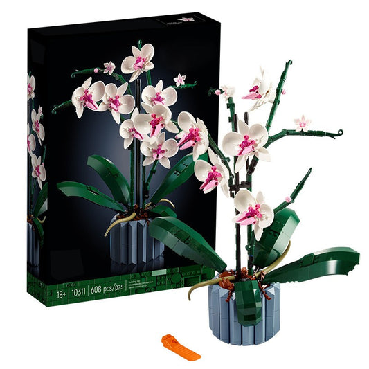 Set de Constructie Orhidee in Ghiveci, Ornament Floral Creativ cu Tulpini Mobile, Plastic ABS, 608 Piese, Multicolor, 31x21.5 cm