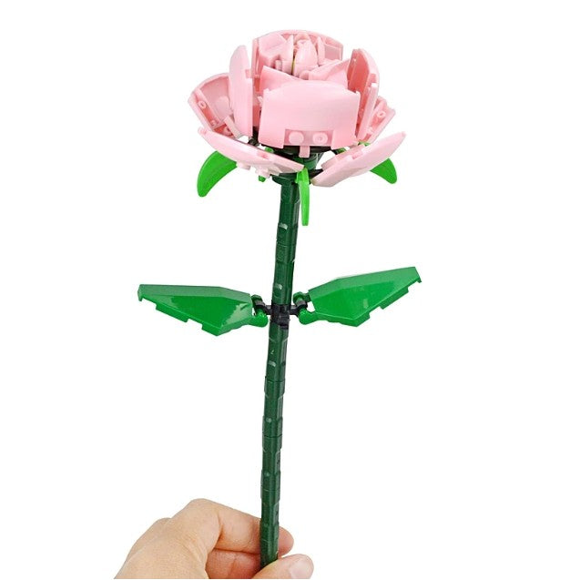 Set de Constructie Trandafir Roz, Floare Ornamentala din Blocuri Tip Lego, Decoratiune Interior, Plastic ABS, 69 Piese, 25x8x4 cm
