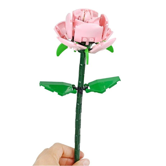Set de Constructie Trandafir Roz, Floare Ornamentala din Blocuri Tip Lego, Decoratiune Interior, Plastic ABS, 69 Piese, 25x8x4 cm