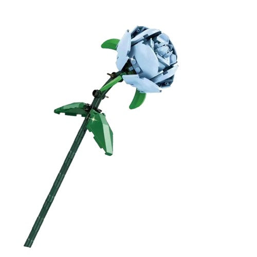 Set de Constructie Trandafir Albastru, Floare Ornamentala din Blocuri Tip Puzzle, Plastic ABS, Model Blue Rose, 14 Ani+, 69 Piese, 25x8x4 cm