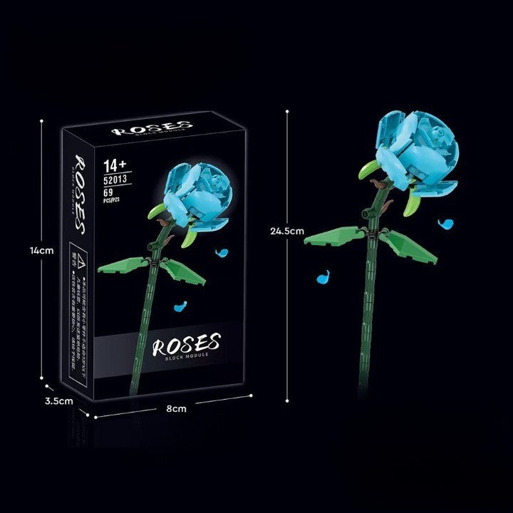 Set de Constructie Trandafir Albastru, Floare Ornamentala din Blocuri Tip Puzzle, Plastic ABS, Model Blue Rose, 14 Ani+, 69 Piese, 25x8x4 cm