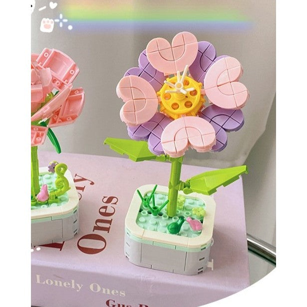 Set de Constructie Floare in Ghiveci, Blocuri de Construit Tip Orhidee, Ornament Creativ DIY, Plastic ABS, Inaltime 17 cm, Roz-Mov