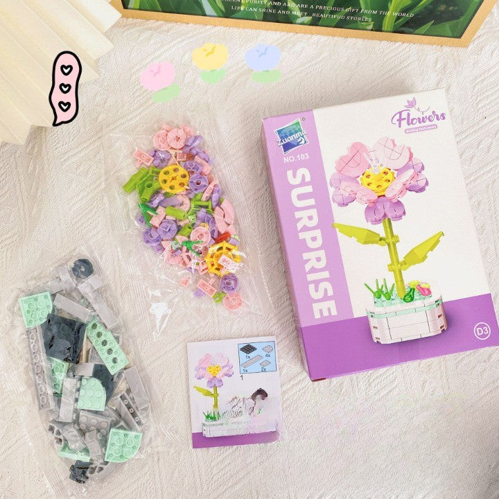 Set de Constructie Floare in Ghiveci, Blocuri de Construit Tip Orhidee, Ornament Creativ DIY, Plastic ABS, Inaltime 17 cm, Roz-Mov