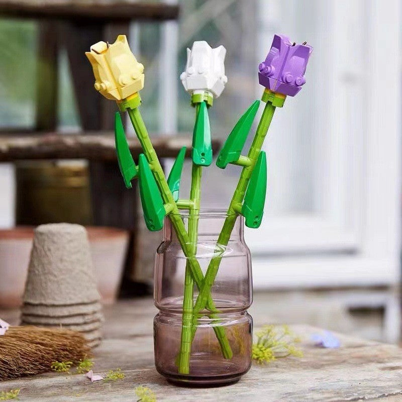 Set de Constructie Lalele, Ornament Floral cu Tulpini Reglabile, 111 Piese, 24 cm, Mov-Alb-Galben