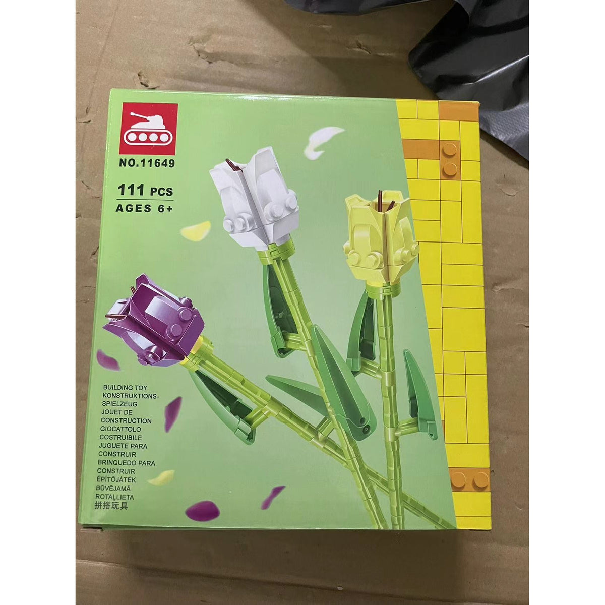 Set de Constructie Lalele, Ornament Floral cu Tulpini Reglabile, 111 Piese, 24 cm, Mov-Alb-Galben