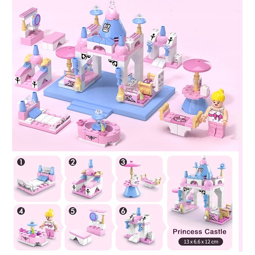 Set de Construcție Castelul Prințesei și Mini Grădină 6în1, Joc Educativ cu Multiple Variante de Asamblare, Plastic, 131 Piese, Multicolor