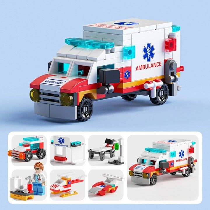 Set de Construcție Ambulanță 6în1, Joc Educativ de Asamblare Tip Lego, Plastic, 122 Piese, Multicolor, 24x17 cm