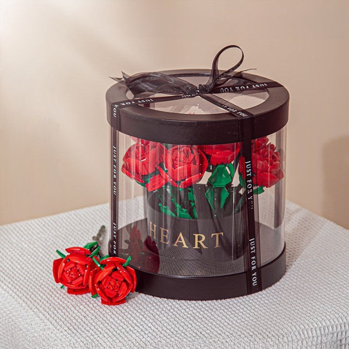 Set de Constructie Buchet Trandafiri Rosii, Aranjament Floral Creativ cu Petale Mobile, Cutie Cadou Neagra, 6 Trandafiri, 20.5 x 19.5 cm