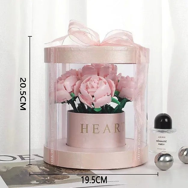 Set de Constructie Buchet de Trandafiri, Model Floral Creativ cu Petale Mobile si Cutie Cadou, 6 Trandafiri, Roz, 20.5x19.5 cm