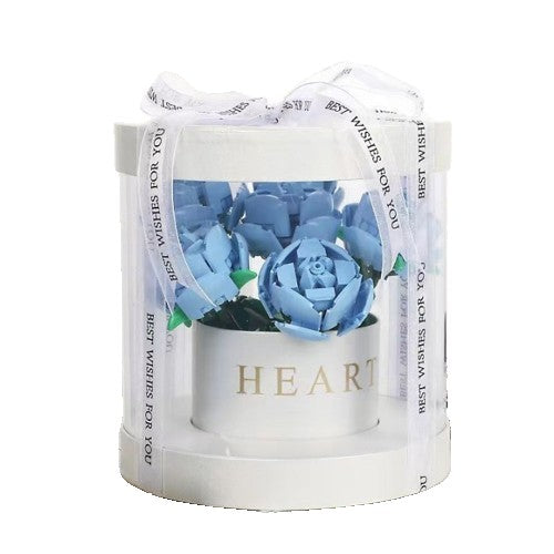 Set de Construcție Trandafiri, Buchet de Flori Albastre în Cutie Albă, Jucărie Creativă DIY, 20.5 x 19.5 cm