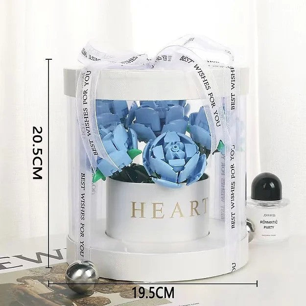 Set de Construcție Trandafiri, Buchet de Flori Albastre în Cutie Albă, Jucărie Creativă DIY, 20.5 x 19.5 cm
