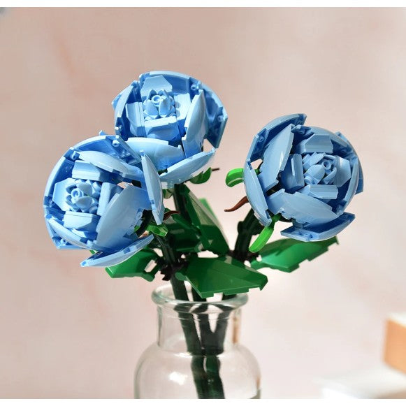 Set de Construcție Trandafiri, Buchet de Flori Albastre în Cutie Albă, Jucărie Creativă DIY, 20.5 x 19.5 cm