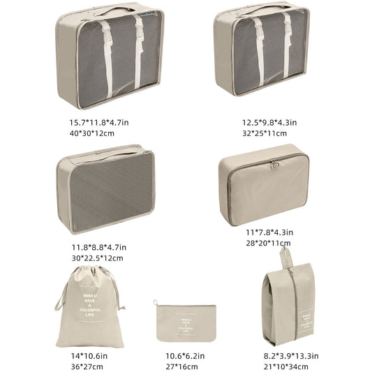 Set Organizatoare Bagaj Si Genti De Calatorie, Cuburi Depozitare Haine Si Incaltaminte, Impermeabile Cu Plasa Si Fermoar Dublu, Nylon, Bej, 7 Piese