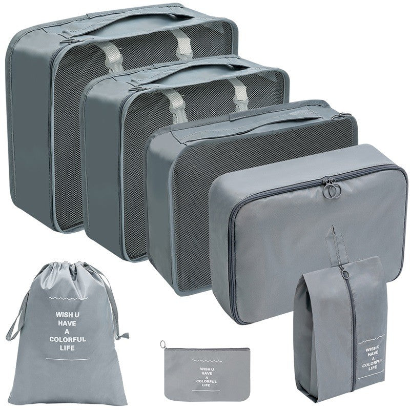 Set Organizatoare Bagaj, Genti de Calatorie Compresibile, Depozitare Haine si Incaltaminte, Material Impermeabil cu Plasa, Fermoar Dublu, 7 Piese, Gri