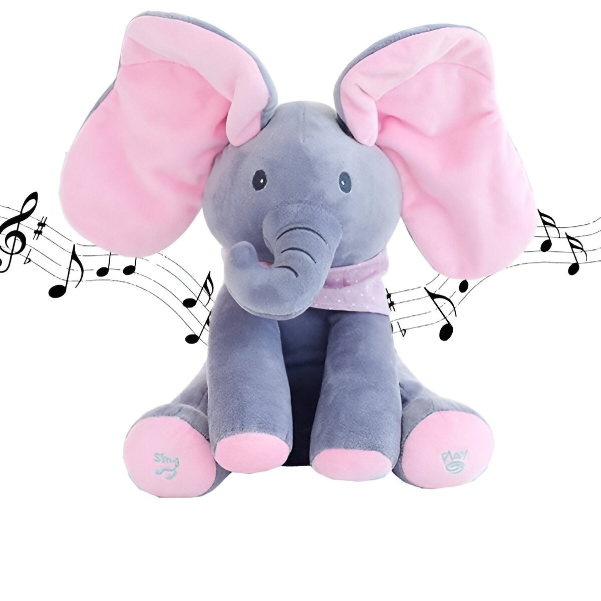 Jucarie Interactiva Elefant Peek-a-boo, Cu Muzica Si Urechi Mobile, Plus Bumbac, 30 cm, Roz-Gri