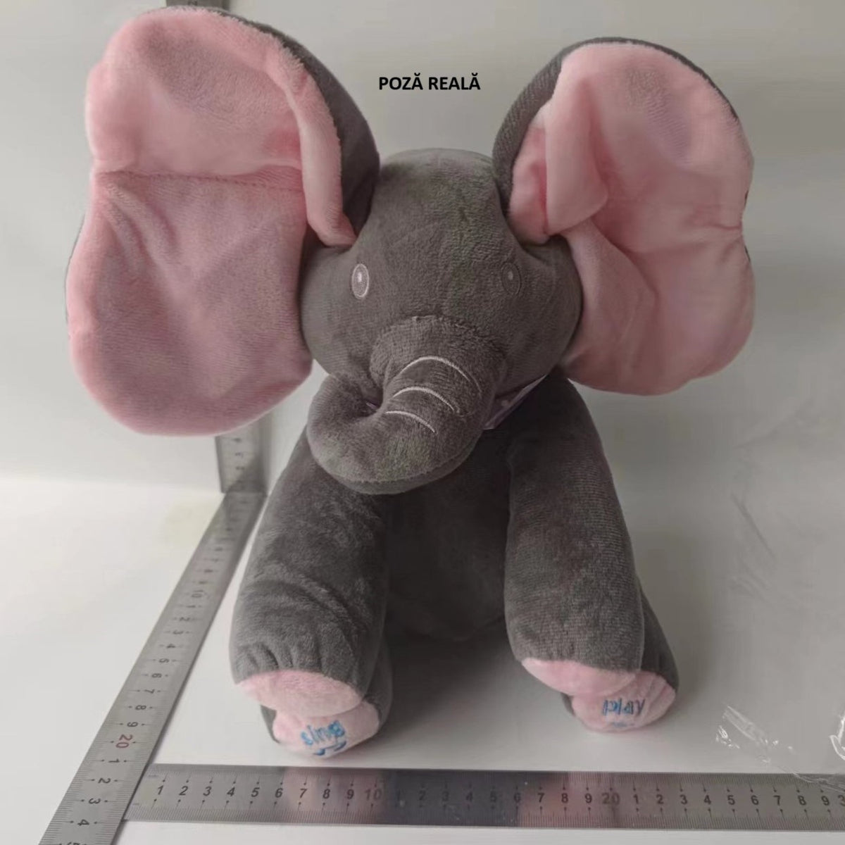 Jucarie Interactiva Elefant Peek-a-boo, Cu Muzica Si Urechi Mobile, Plus Bumbac, 30 cm, Roz-Gri