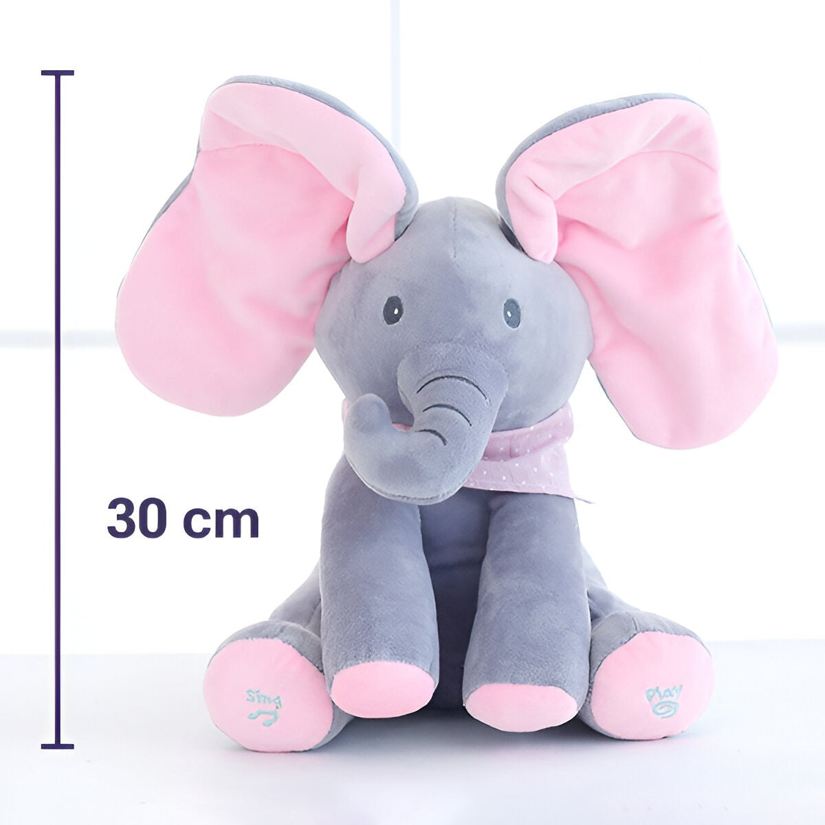 Jucarie Interactiva Elefant Peek-a-boo, Cu Muzica Si Urechi Mobile, Plus Bumbac, 30 cm, Roz-Gri