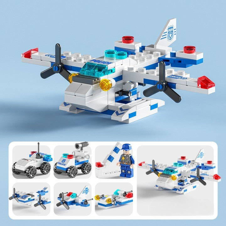 Set de Constructie Blocuri Tip Lego, Avion si Masina de Politie sau Ambulanta 6in1, 137 Piese, Multicolor