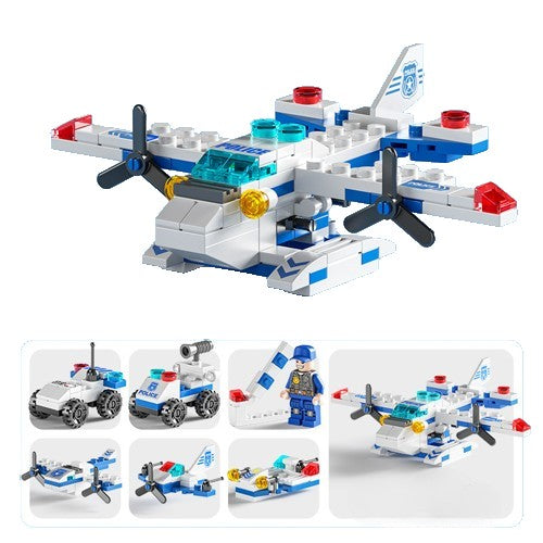 Set de Constructie Blocuri Tip Lego, Avion si Masina de Politie sau Ambulanta 6in1, 137 Piese, Multicolor