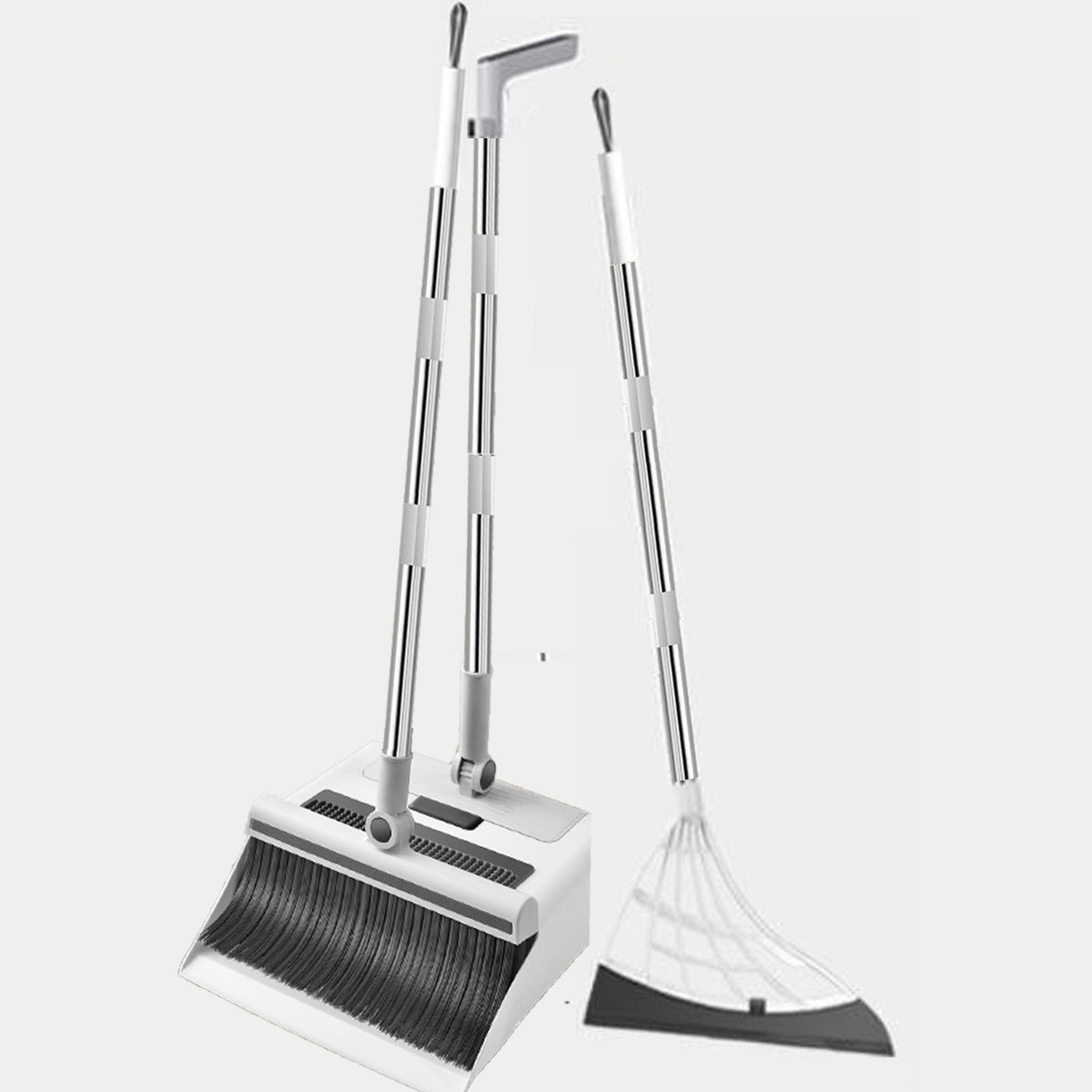 Set Curatenie 3 in 1, Matura cu Perii Moi, Faras cu Inchidere si Razuitor Podea, Manere Telescopice Inox, Alb