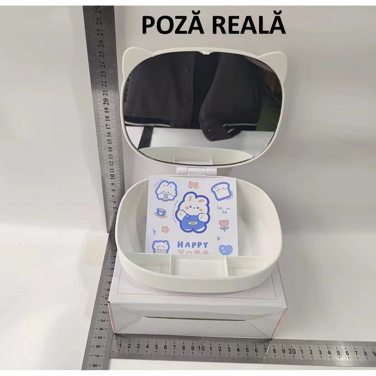 Organizator Machiaj Cu Oglinda In Forma De Pisica, Cutie Depozitare Cosmetice Si Bijuterii, 4 Compartimente, Portabil, Plastic, 17x13x6 cm, Alb