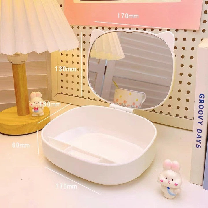 Organizator Machiaj Cu Oglinda In Forma De Pisica, Cutie Depozitare Cosmetice Si Bijuterii, 4 Compartimente, Portabil, Plastic, 17x13x6 cm, Alb
